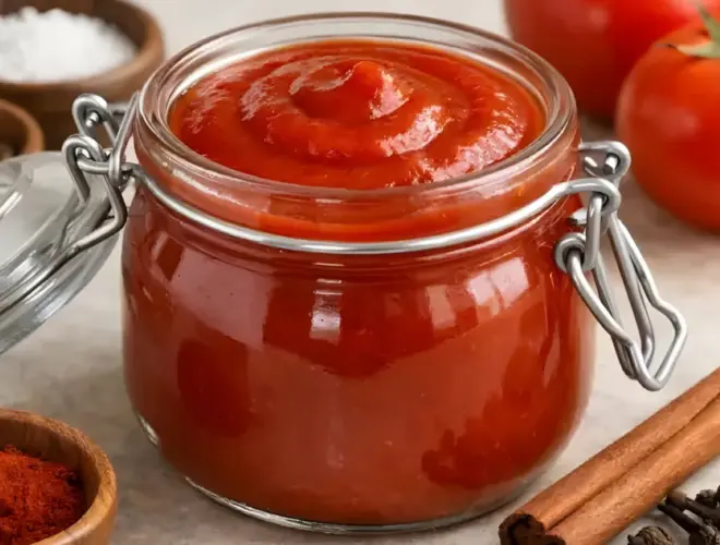 Salsa de ketchup casera en tarro de cristal con tomates frescos y especias, fotografía luminosa y realista.