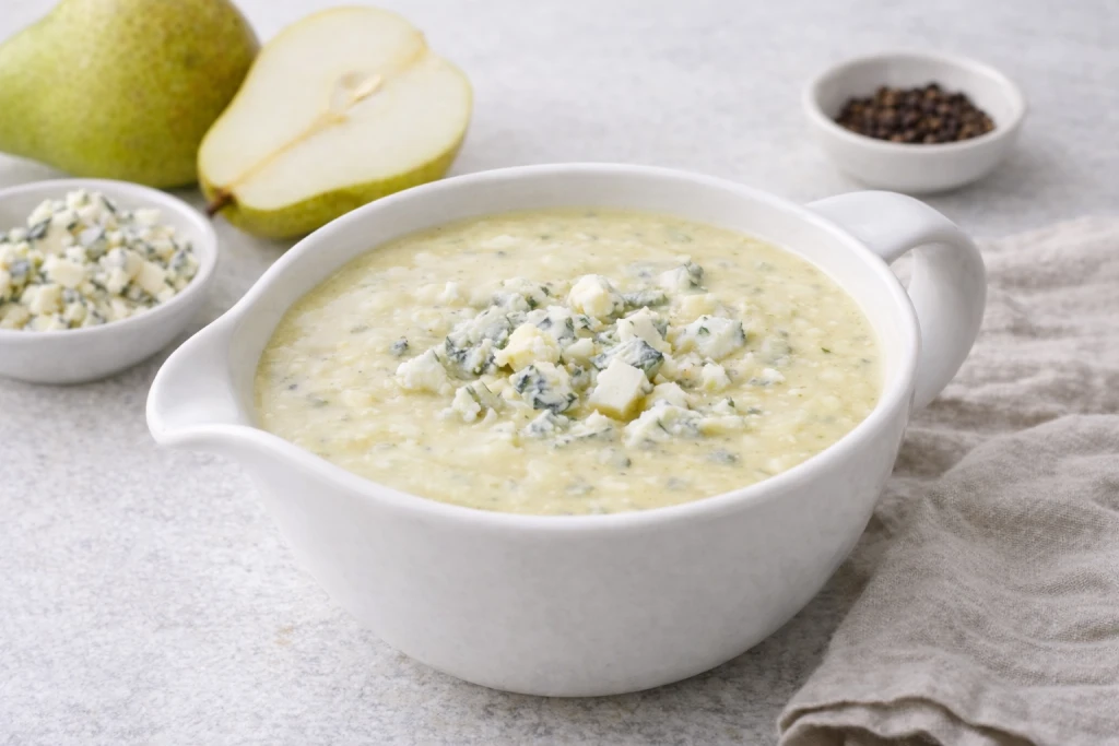 Salsa de peras cremosa en salsera blanca con dados de pera y roquefort desmigado, sobre fondo neutro y luminoso