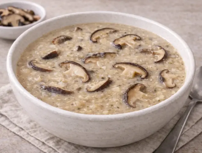 Salsa de setas shiitake cremosa servida en cuenco blanco, con l&aacute;minas de shiitake visibles y acabado suave, en fotograf&iacute;a muy luminosa sobre fondo neutro.