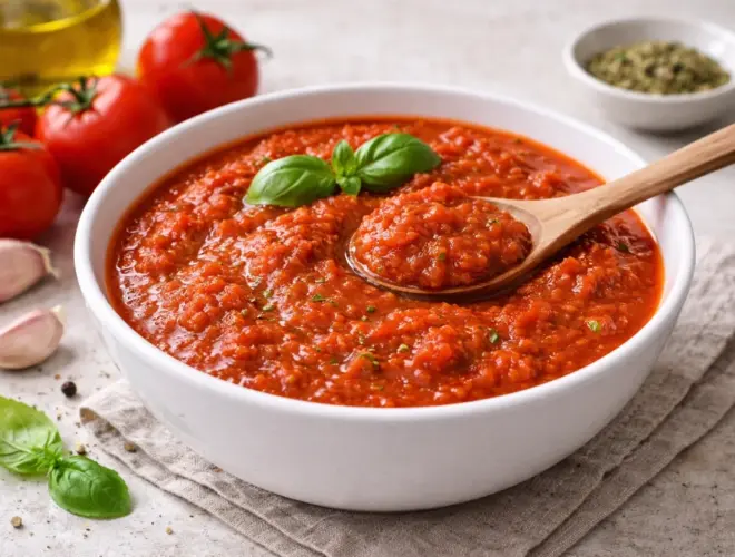Salsa de tomate casera en tarro de cristal, textura cremosa y brillante, fotograf&iacute;a gourmet muy luminosa sobre fondo neutro.