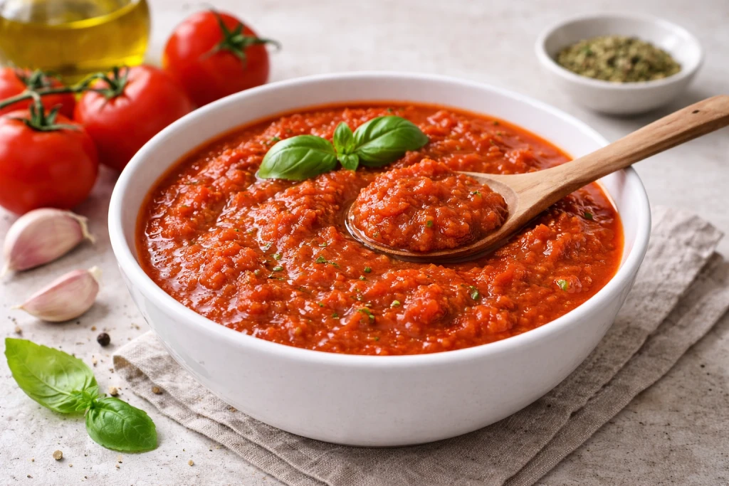 Salsa de tomate casera en tarro de cristal, textura cremosa y brillante, fotograf&iacute;a gourmet muy luminosa sobre fondo neutro.