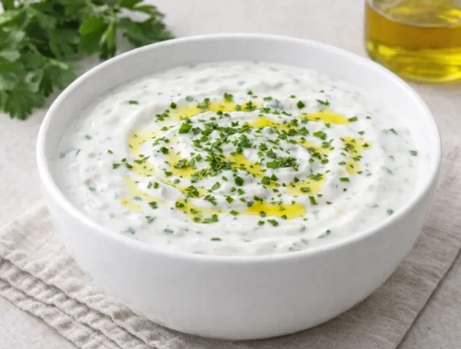 Salsa de yogur griego con hierbas arom&aacute;ticas y un chorrito de aceite de oliva servida en cuenco blanco