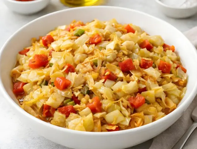 Salteado de repollo en cuenco blanco con dados de tomate y pimiento, acabado brillante con piment&oacute;n y luz natural sobre fondo neutro