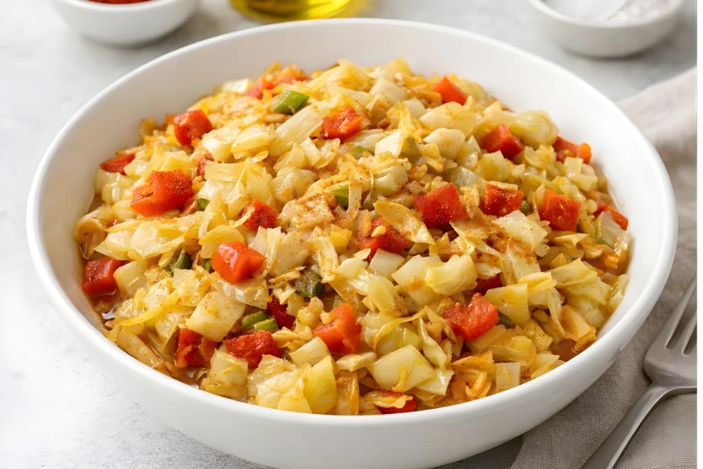 Salteado de repollo en cuenco blanco con dados de tomate y pimiento, acabado brillante con piment&oacute;n y luz natural sobre fondo neutro