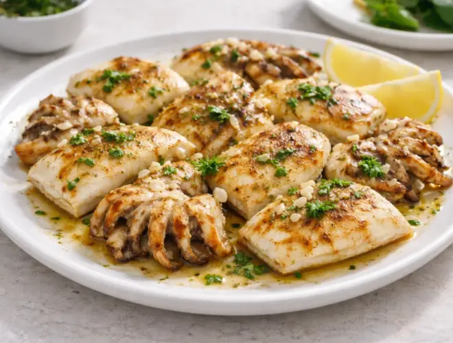 Sepia a la plancha dorada con ajo y perejil, servida en plato blanco con lim&oacute;n
