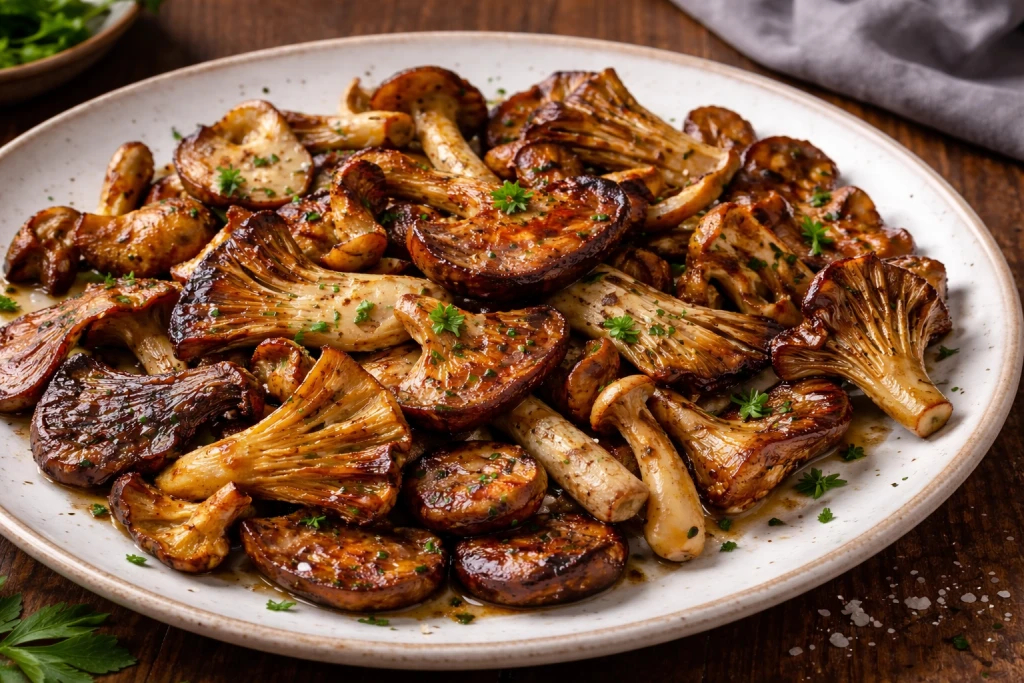 Setas a la plancha doradas y jugosas en plato blanco, con sal, pimienta y aceite de oliva, luz natural y fondo neutro.