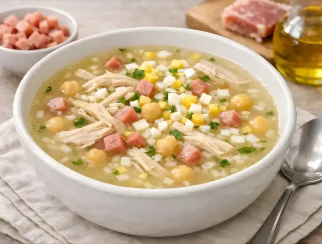 Sopa de picadillo casera servida en cuenco blanco con caldo dorado, pollo desmenuzado, garbanzos, taquitos de jam&oacute;n, huevo cocido y hierbabuena.