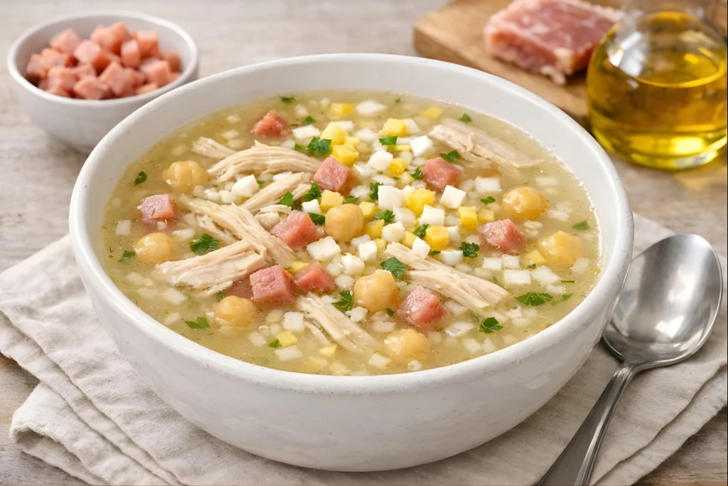 Sopa de picadillo casera servida en cuenco blanco con caldo dorado, pollo desmenuzado, garbanzos, taquitos de jam&oacute;n, huevo cocido y hierbabuena.
