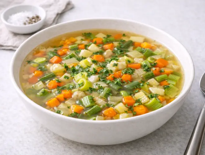 Sopa de verduras casera con pollo desmenuzado, verdura juliana y pasta, servida caliente en cuenco blanco con luz natural