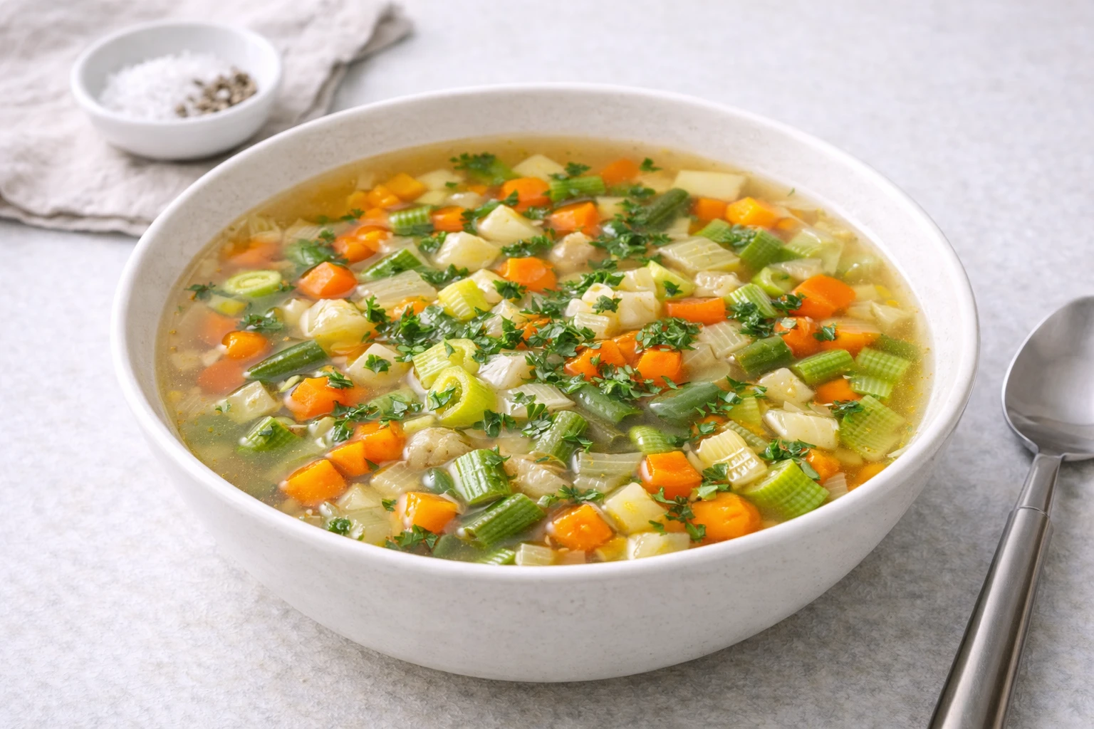 Sopa de verduras casera con pollo desmenuzado, verdura juliana y pasta, servida caliente en cuenco blanco con luz natural