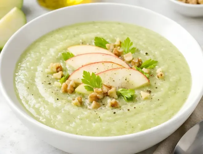 Sopa fr&iacute;a de manzana y apio servida en cuenco blanco, con gajos de manzana y acabado cremoso en fondo neutro y luminoso