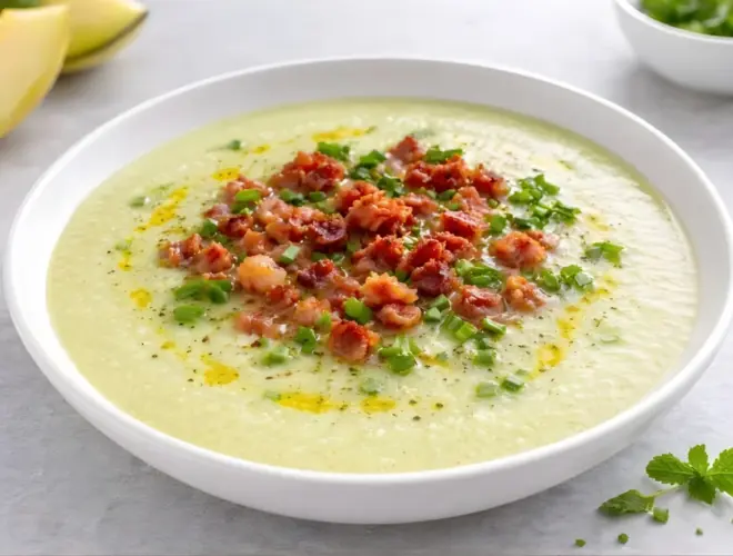 Sopa fr&iacute;a de mel&oacute;n cremosa servida en bol blanco, con crujiente de jam&oacute;n, cebollino y un hilo de aceite, en fondo neutro y luz natural.