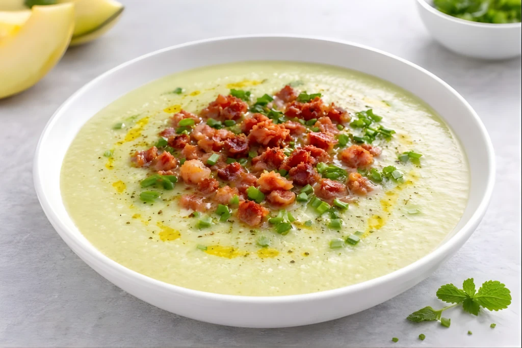Sopa fr&iacute;a de mel&oacute;n cremosa servida en bol blanco, con crujiente de jam&oacute;n, cebollino y un hilo de aceite, en fondo neutro y luz natural.