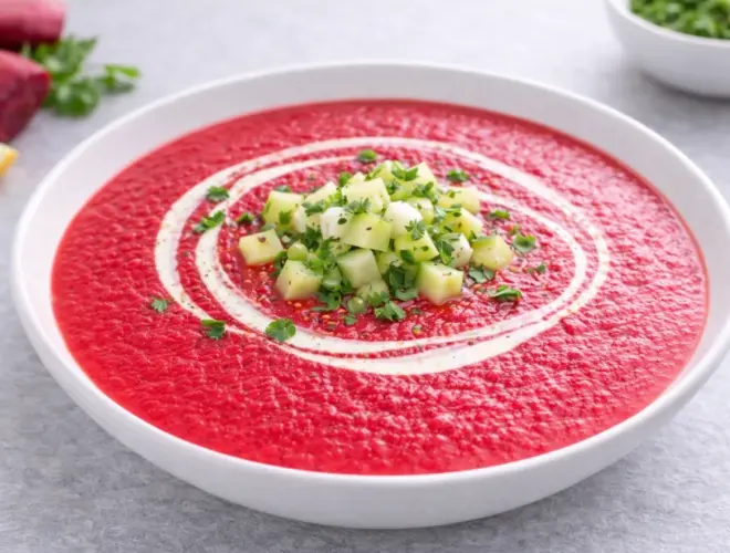 Sopa fr&iacute;a de remolacha cremosa y muy luminosa, servida en bol blanco con remolacha precocida, toque de nata y cebolleta, fondo neutro.