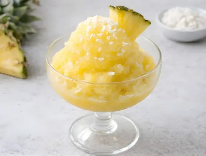 Sorbete de pi&ntilde;a y coco en copa de cristal, textura granizada y cremosa, con virutas de coco y gajo de pi&ntilde;a sobre fondo neutro luminoso