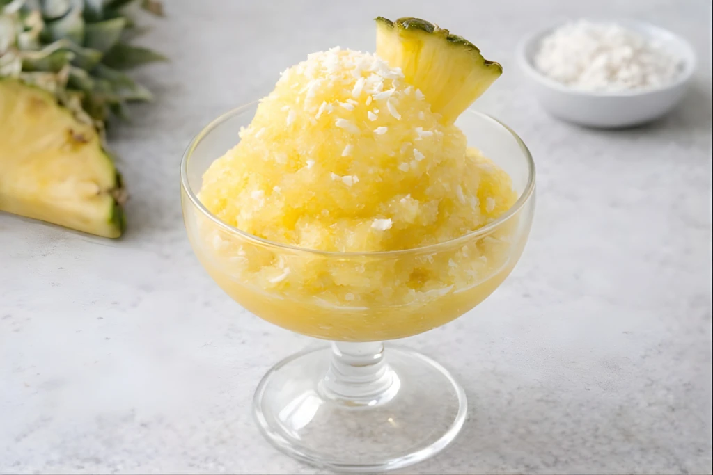 Sorbete de pi&ntilde;a y coco en copa de cristal, textura granizada y cremosa, con virutas de coco y gajo de pi&ntilde;a sobre fondo neutro luminoso