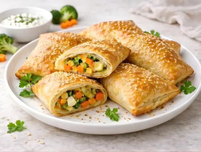 Sorpresas de verdura horneadas tipo empanadillas, doradas y crujientes, una abierta con relleno de remolacha, calabac&iacute;n, manzana y queso de Burgos, con cuenco de salsa de soja al fondo