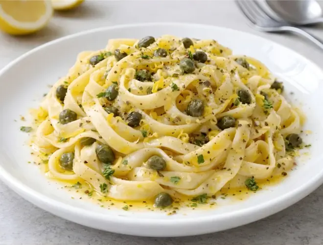 Tallarines con alcaparras y ralladura de lim&oacute;n, ali&ntilde;ados con aceite de oliva, pimienta negra y or&eacute;gano en plato blanco, foto luminosa