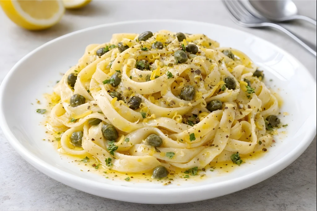 Tallarines con alcaparras y ralladura de lim&oacute;n, ali&ntilde;ados con aceite de oliva, pimienta negra y or&eacute;gano en plato blanco, foto luminosa