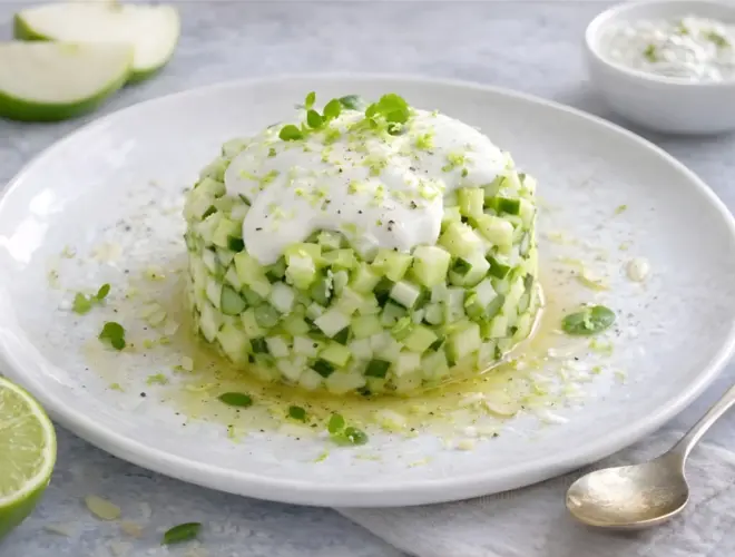 Tartar de calabac&iacute;n y manzana verde servido en aro, con yogur natural aromatizado con lima y aceite de oliva