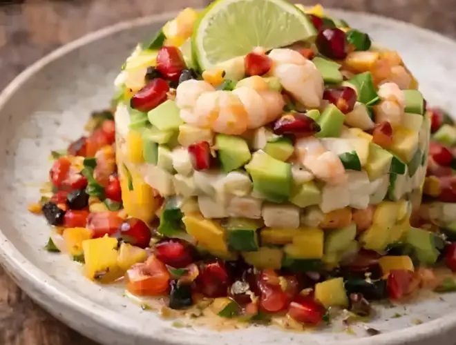 Tartar de camar&oacute;n con aguacate y mango en molde redondo, entrante saludable para Nochebuena
