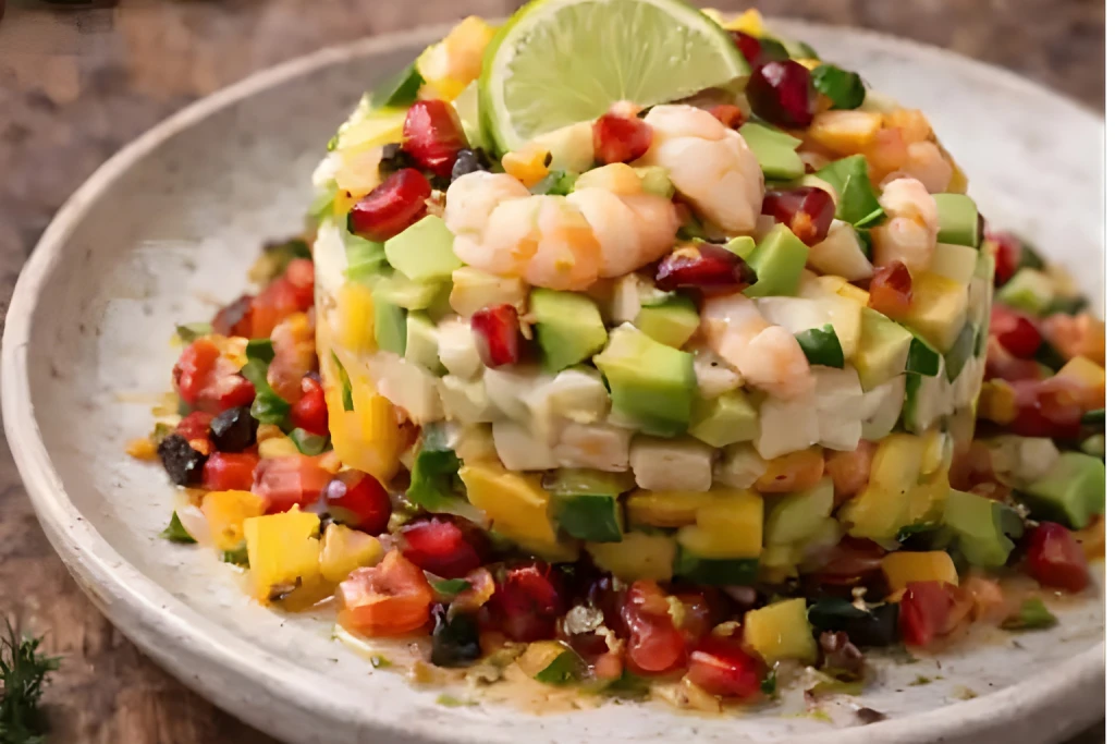 Tartar de camar&oacute;n con aguacate y mango en molde redondo, entrante saludable para Nochebuena