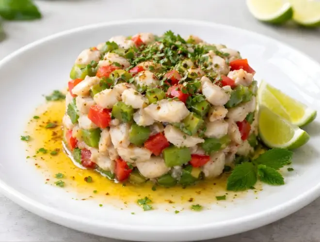Tartar templado de lubina servido en aro, con dados de pimientos asados y hierbas arom&aacute;ticas, presentado en plato blanco con luz natural