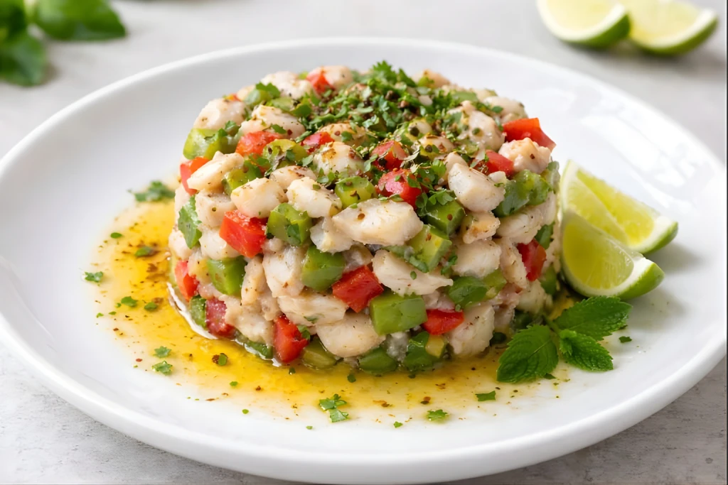 Tartar templado de lubina servido en aro, con dados de pimientos asados y hierbas arom&aacute;ticas, presentado en plato blanco con luz natural