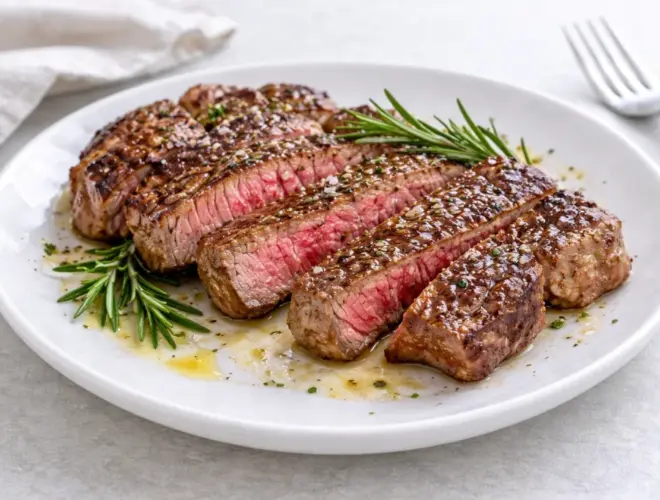 Ternera a la plancha dorada y jugosa, servida en plato blanco con un toque de aceite de oliva y sal, foto realista muy luminosa
