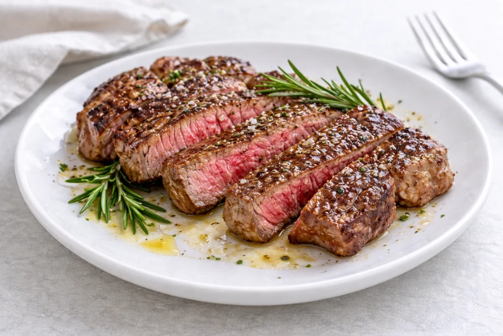 Ternera a la plancha dorada y jugosa, servida en plato blanco con un toque de aceite de oliva y sal, foto realista muy luminosa