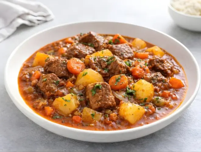 Ternera guisada casera con zanahoria, champi&ntilde;ones y guisantes en salsa, servida en plato blanco con luz natural y fondo neutro.