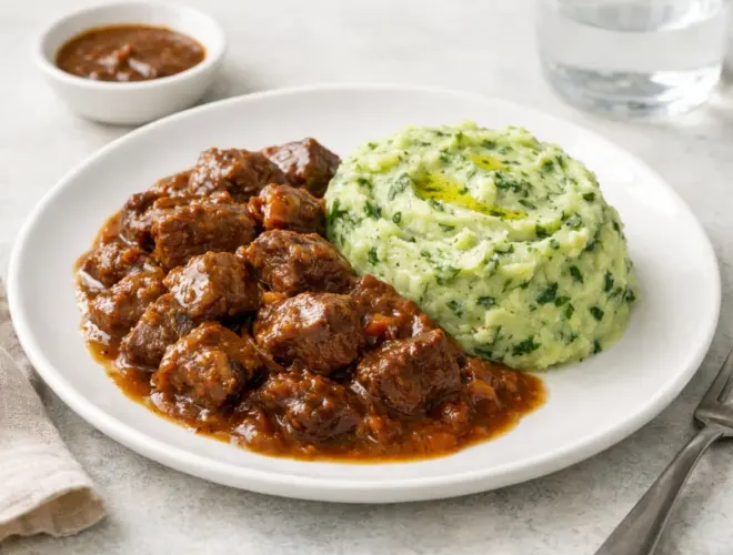 Ternera guisada con pur&eacute; de patatas con espinacas servida en plato blanco, con salsa melosa y pur&eacute; cremoso verde.