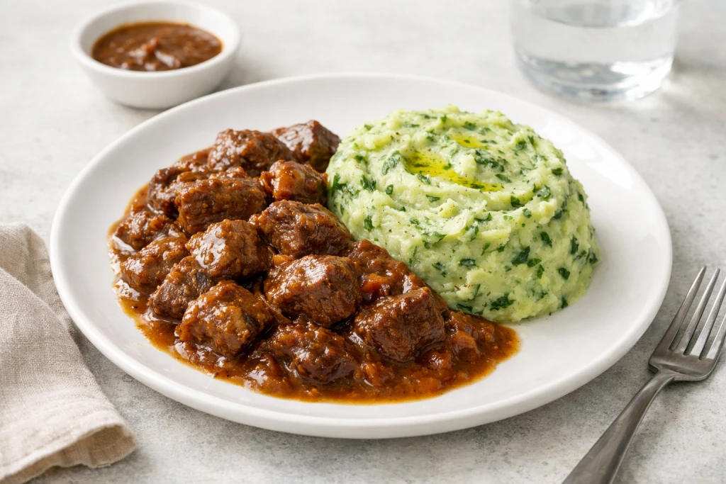 Ternera guisada con pur&eacute; de patatas con espinacas servida en plato blanco, con salsa melosa y pur&eacute; cremoso verde.