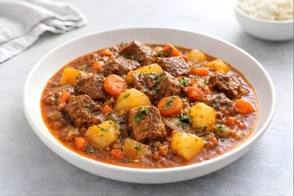 Ternera guisada casera con zanahoria, champi&ntilde;ones y guisantes en salsa, servida en plato blanco con luz natural y fondo neutro.