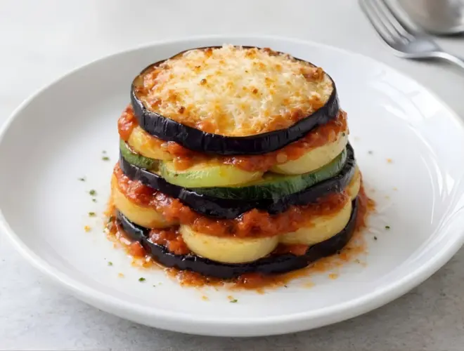 Timbal de verdura en capas con berenjena, calabac&iacute;n y patata, cubierto con salsa de tomate y queso gratinado, presentado en plato blanco