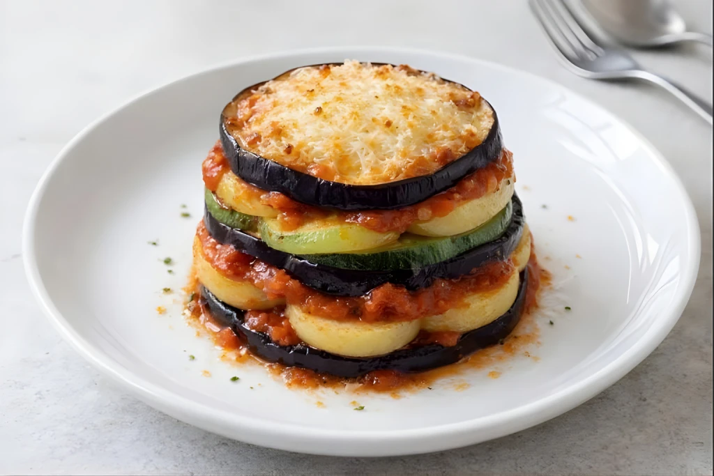 Timbal de verdura en capas con berenjena, calabac&iacute;n y patata, cubierto con salsa de tomate y queso gratinado, presentado en plato blanco