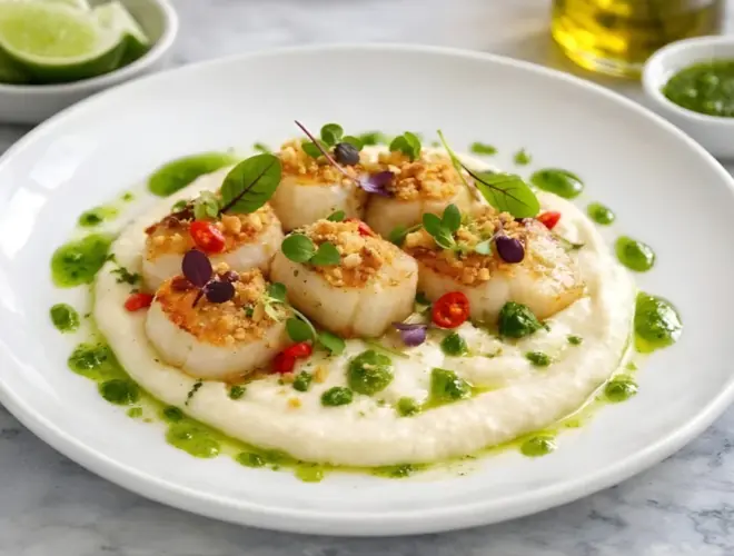 Tiradito de vieiras templadas sobre crema fina de coliflor con aceite verde de perejil y toque de lim&oacute;n, presentado en plato blanco