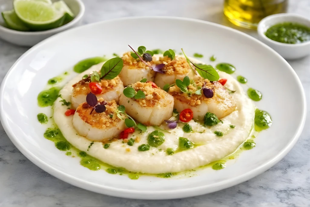 Tiradito de vieiras templadas sobre crema fina de coliflor con aceite verde de perejil y toque de lim&oacute;n, presentado en plato blanco