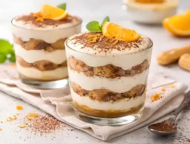 Foto luminosa y realista de Tiramis&uacute; ligero de naranja y caf&eacute; en vasitos, presentada de forma gourmet sobre fondo neutro