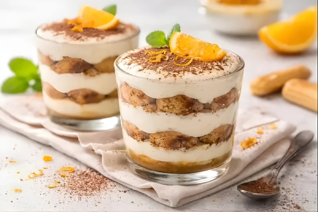 Foto luminosa y realista de Tiramis&uacute; ligero de naranja y caf&eacute; en vasitos, presentada de forma gourmet sobre fondo neutro