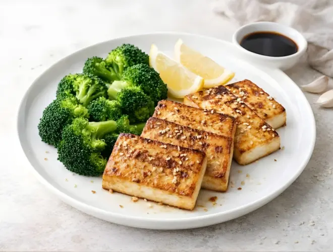 Tofu a la plancha dorado servido con br&oacute;coli al vapor y gajos de lim&oacute;n, fotograf&iacute;a luminosa sobre fondo neutro