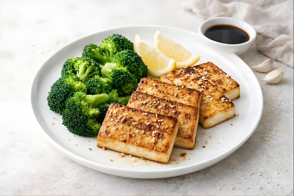 Tofu a la plancha dorado servido con br&oacute;coli al vapor y gajos de lim&oacute;n, fotograf&iacute;a luminosa sobre fondo neutro