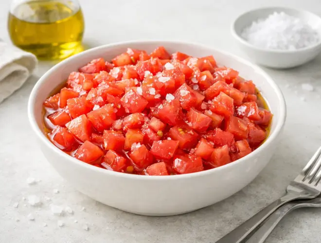 Tomate picado en bol blanco con aceite de oliva y sal en escamas, fotograf&iacute;a luminosa sobre fondo neutro