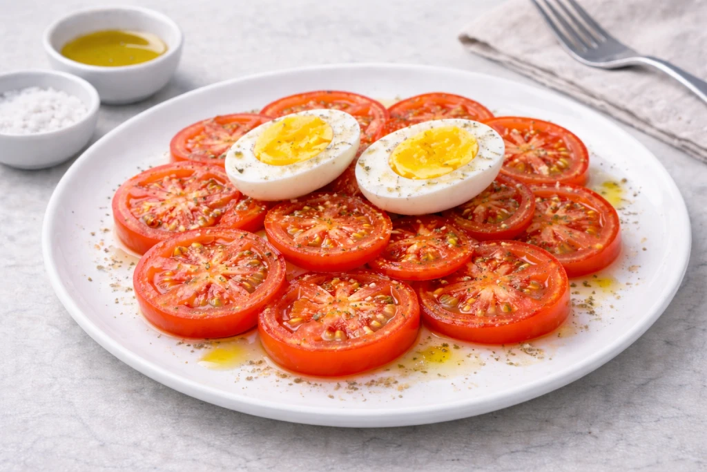 Tomate picado y huevo duro en bol blanco con ali&ntilde;o de aceite de oliva y sal, fotograf&iacute;a luminosa y realista sobre fondo neutro
