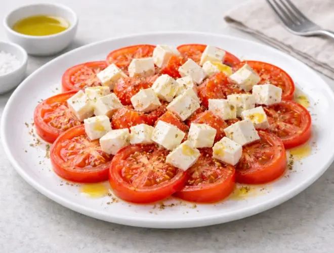 Tomate picado con queso fresco troceado y aceite de oliva en bol blanco, fotograf&iacute;a luminosa y realista sobre fondo neutro