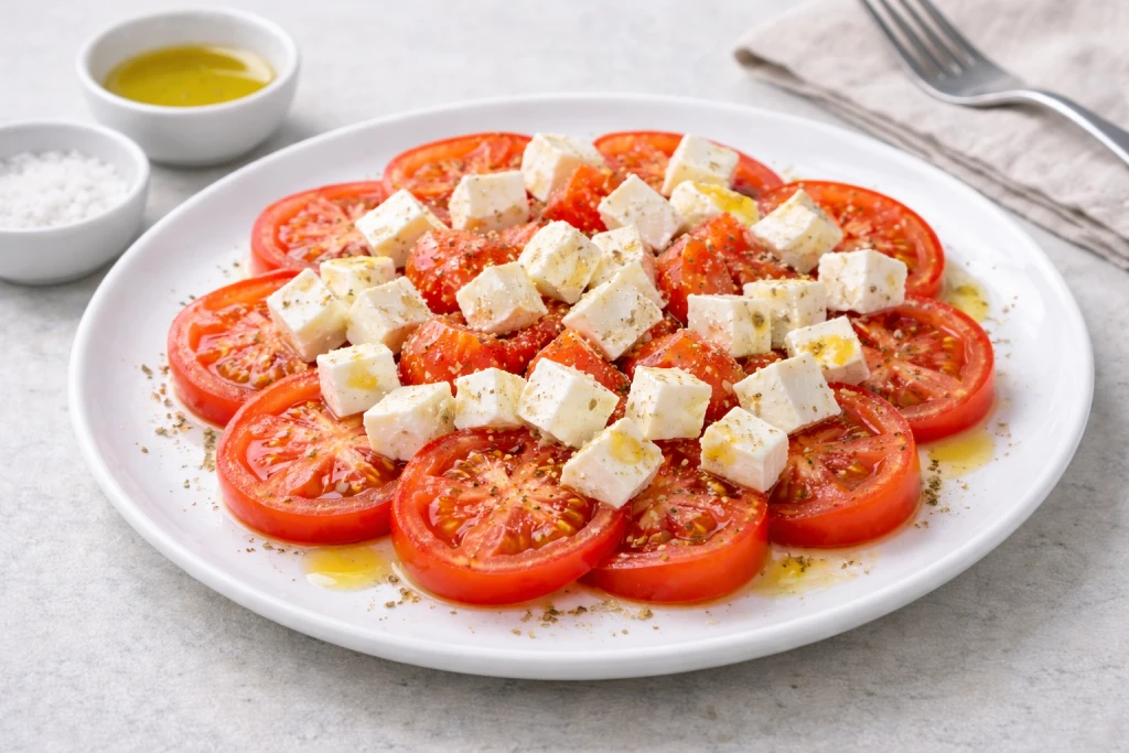 Tomate picado con queso fresco troceado y aceite de oliva en bol blanco, fotograf&iacute;a luminosa y realista sobre fondo neutro