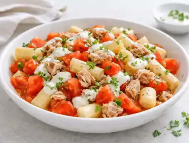 Tomate picado con esp&aacute;rragos blancos y at&uacute;n al natural, con salsa de yogur por encima, servido en bol blanco con luz natural muy luminosa