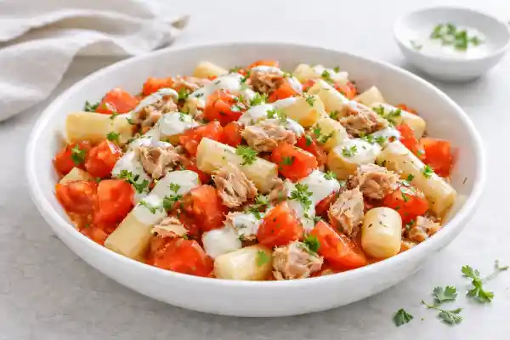 Tomate picado con esp&aacute;rragos blancos y at&uacute;n al natural, con salsa de yogur por encima, servido en bol blanco con luz natural muy luminosa