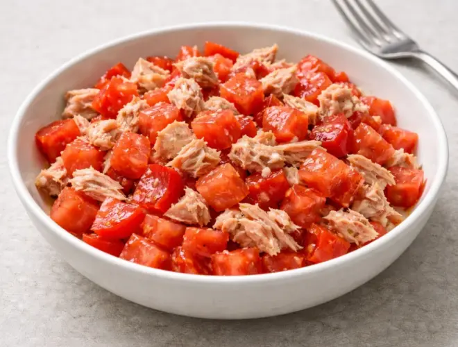 Tomate picado y at&uacute;n al natural en bol blanco, ali&ntilde;ado con aceite de oliva y sal, receta fresca y ligera.