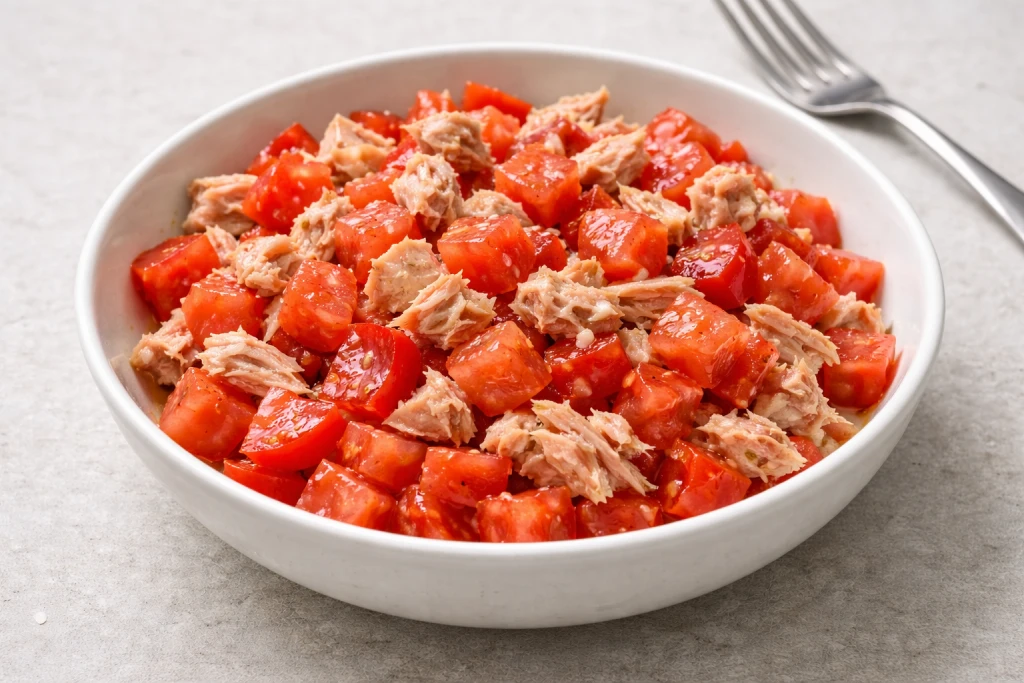 Tomate picado y at&uacute;n al natural en bol blanco, ali&ntilde;ado con aceite de oliva y sal, receta fresca y ligera.